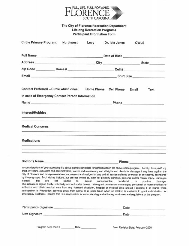 Recreation Program 50+ Application