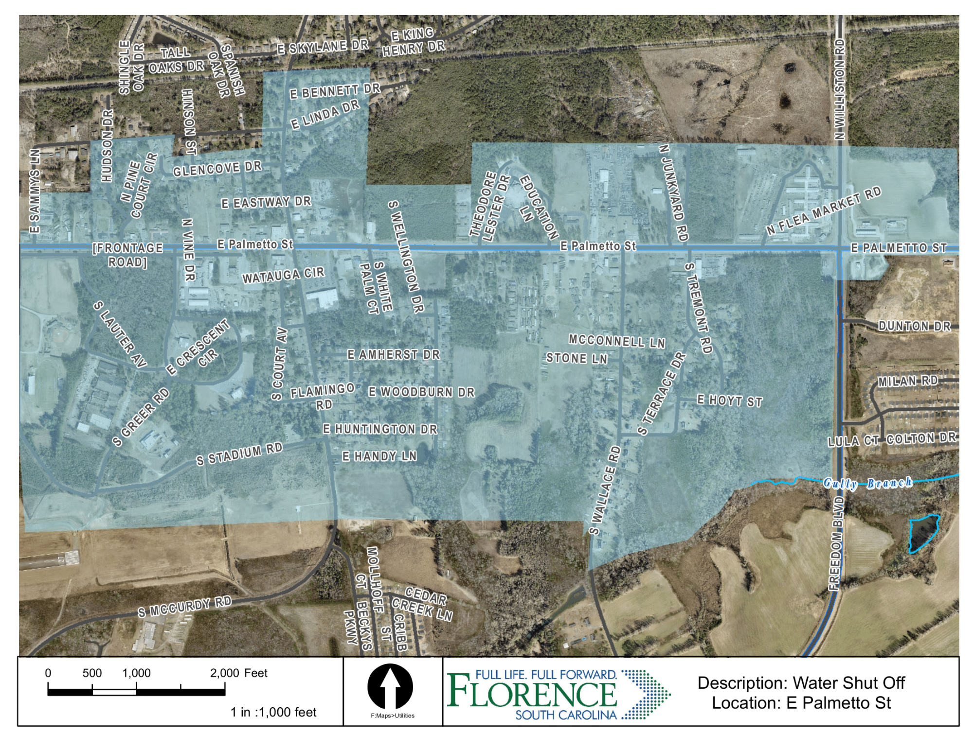 Planned Water Outage Scheduled for Businesses and Residents between the 3000 – 4000 Blocks of East Palmetto Street and Neighboring Areas on Saturday, August 27, 2022 Map